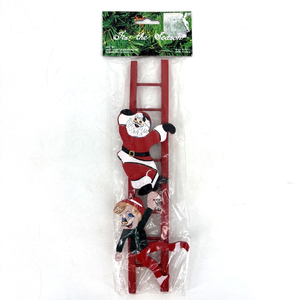 Vintage Christmas Decor Santa Elf Climbing Red Wood Ladder NEW‎ in Package Tree